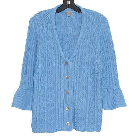 J Jill Cardigan Sweater 3/4 Bell Sleeve Cable Knit Cottage Y2K Preppy Blue Small - Picture 1 of 9